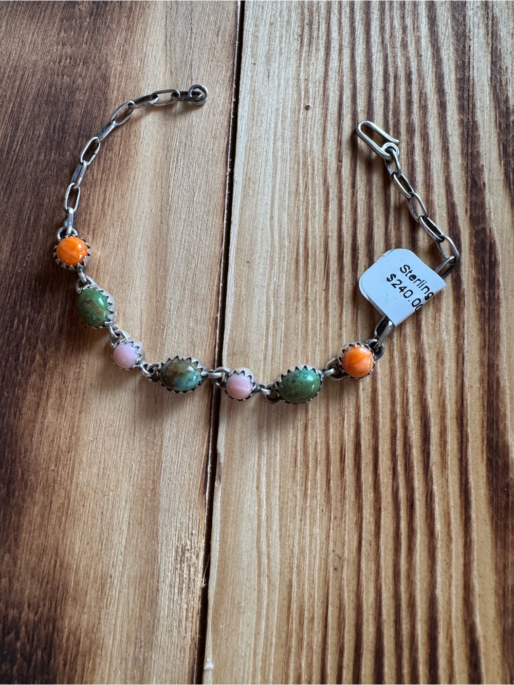 Sterling Silver Bracelet with Orange, Green and Pink Cabochons